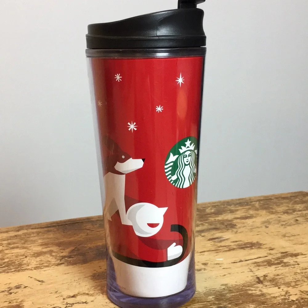 Starbucks Holiday Coffee‎ Tea Travel Mug 16oz. Tumbler Sledding Dog